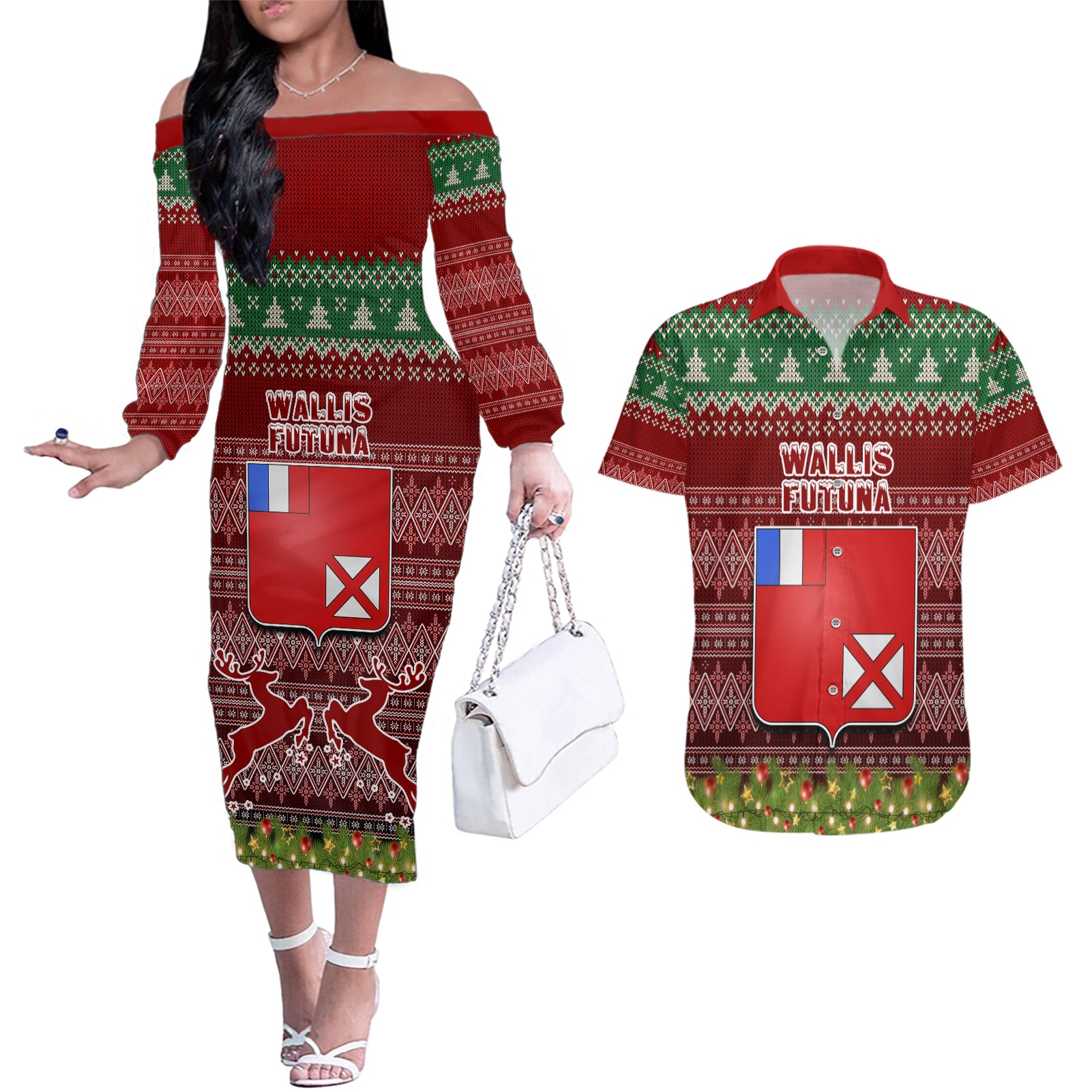 wallis-and-futuna-christmas-couples-matching-off-the-shoulder-long-sleeve-dress-and-hawaiian-shirt-coat-of-arms-and-map-beautiful-merry-xmas-snowflake