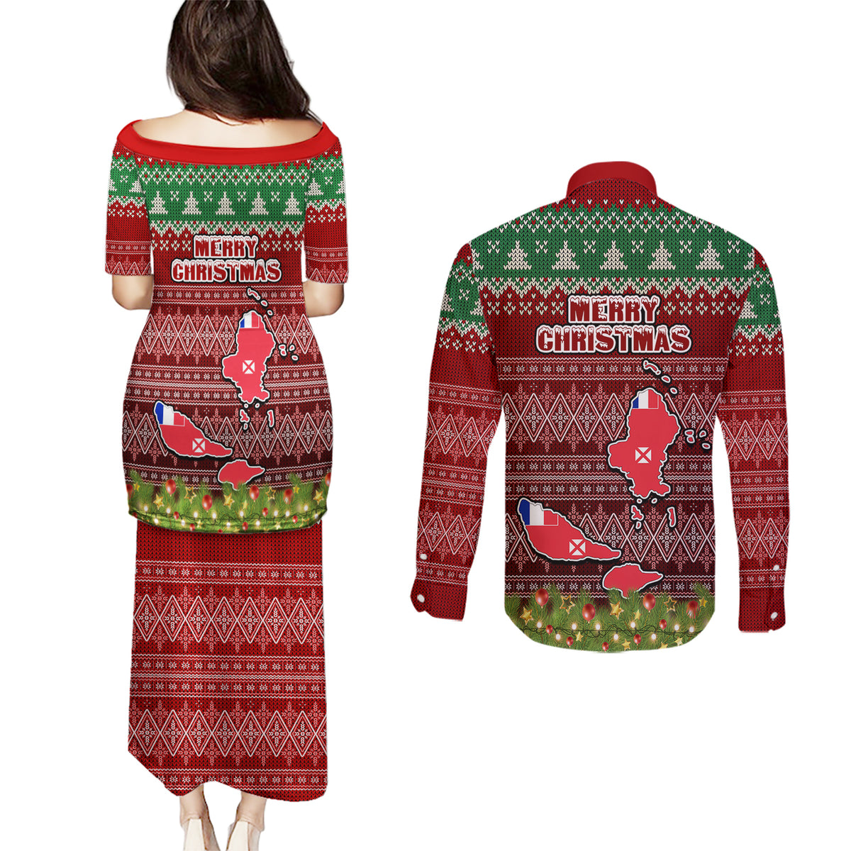 wallis-and-futuna-christmas-couples-matching-puletasi-dress-and-long-sleeve-button-shirts-coat-of-arms-and-map-beautiful-merry-xmas-snowflake