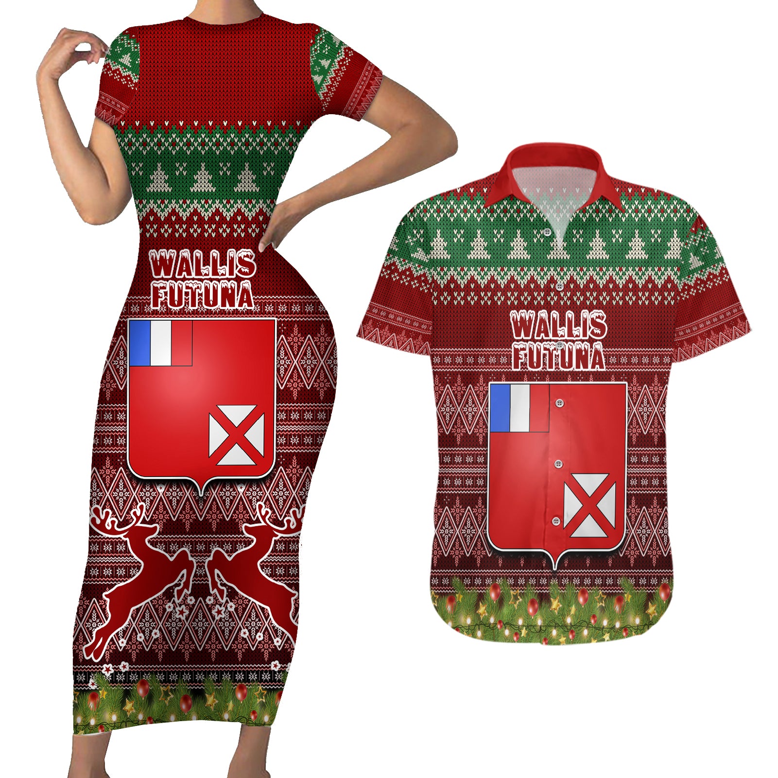 wallis-and-futuna-christmas-couples-matching-short-sleeve-bodycon-dress-and-hawaiian-shirt-coat-of-arms-and-map-beautiful-merry-xmas-snowflake