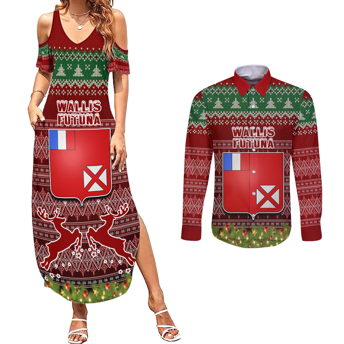 wallis-and-futuna-christmas-couples-matching-summer-maxi-dress-and-long-sleeve-button-shirts-coat-of-arms-and-map-beautiful-merry-xmas-snowflake