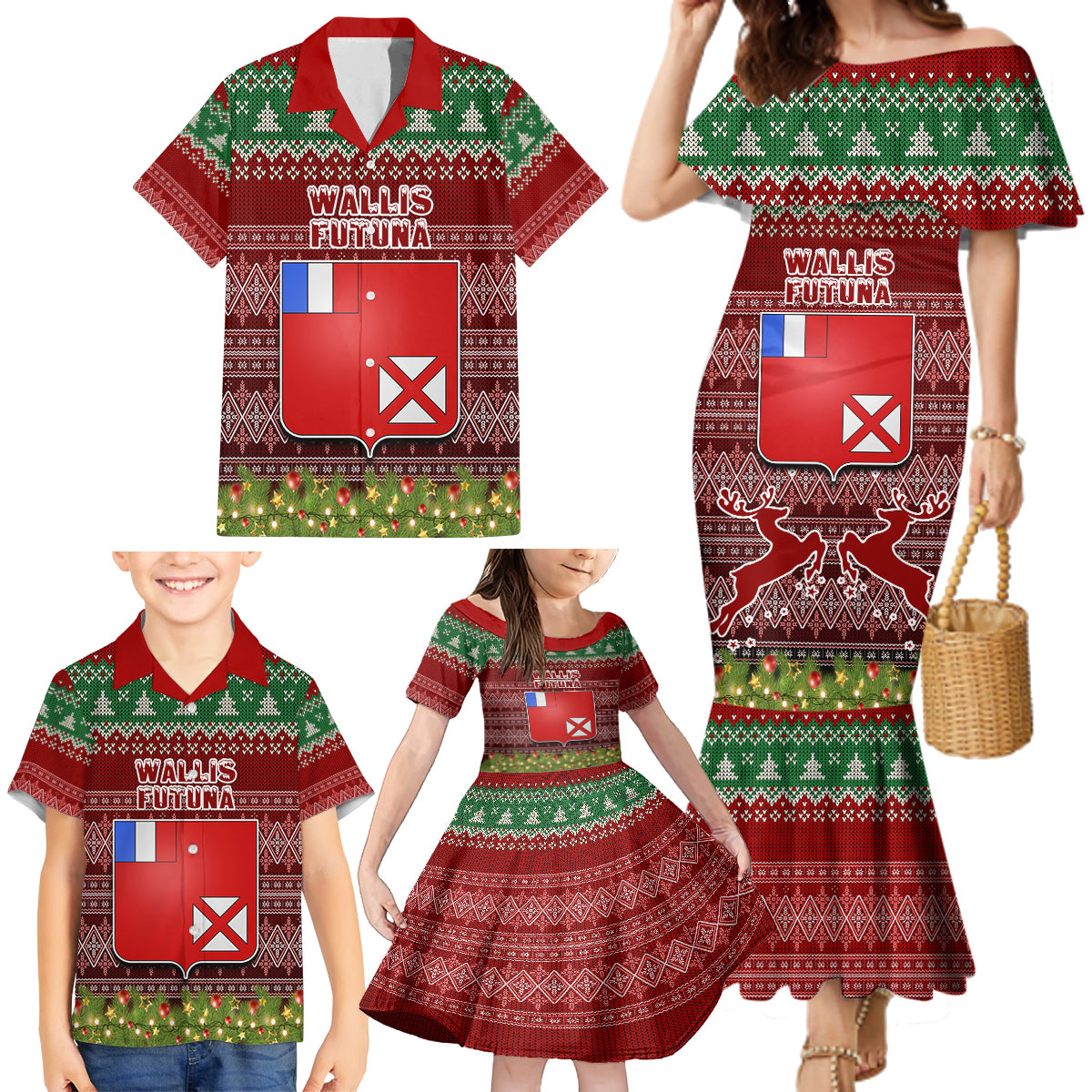 wallis-and-futuna-christmas-family-matching-mermaid-dress-and-hawaiian-shirt-coat-of-arms-and-map-beautiful-merry-xmas-snowflake