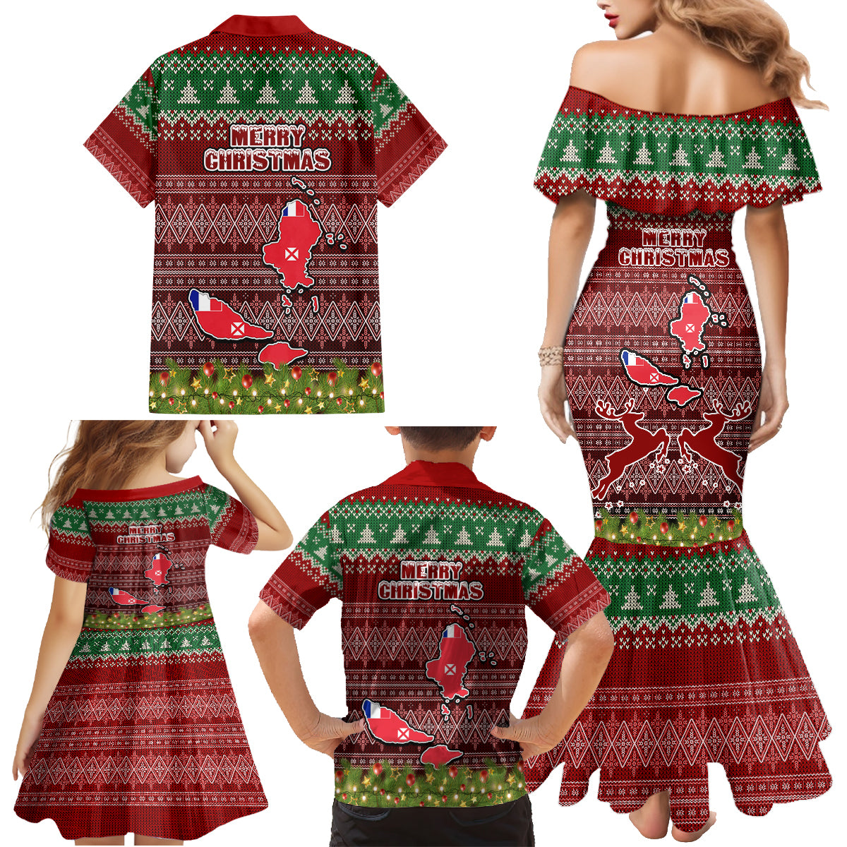 wallis-and-futuna-christmas-family-matching-mermaid-dress-and-hawaiian-shirt-coat-of-arms-and-map-beautiful-merry-xmas-snowflake