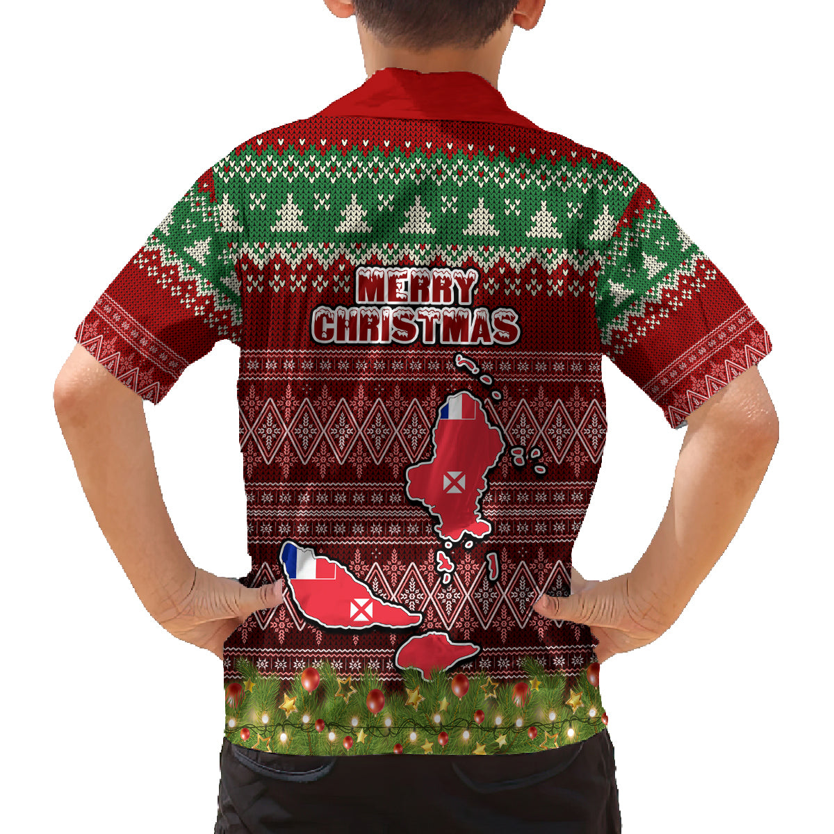 wallis-and-futuna-christmas-family-matching-off-shoulder-short-dress-and-hawaiian-shirt-coat-of-arms-and-map-beautiful-merry-xmas-snowflake