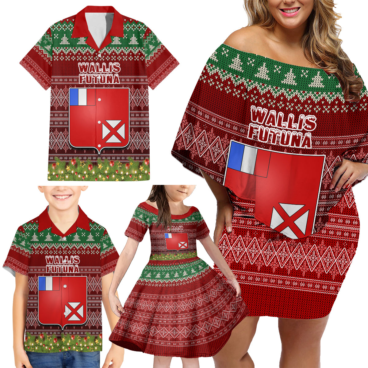 wallis-and-futuna-christmas-family-matching-off-shoulder-short-dress-and-hawaiian-shirt-coat-of-arms-and-map-beautiful-merry-xmas-snowflake