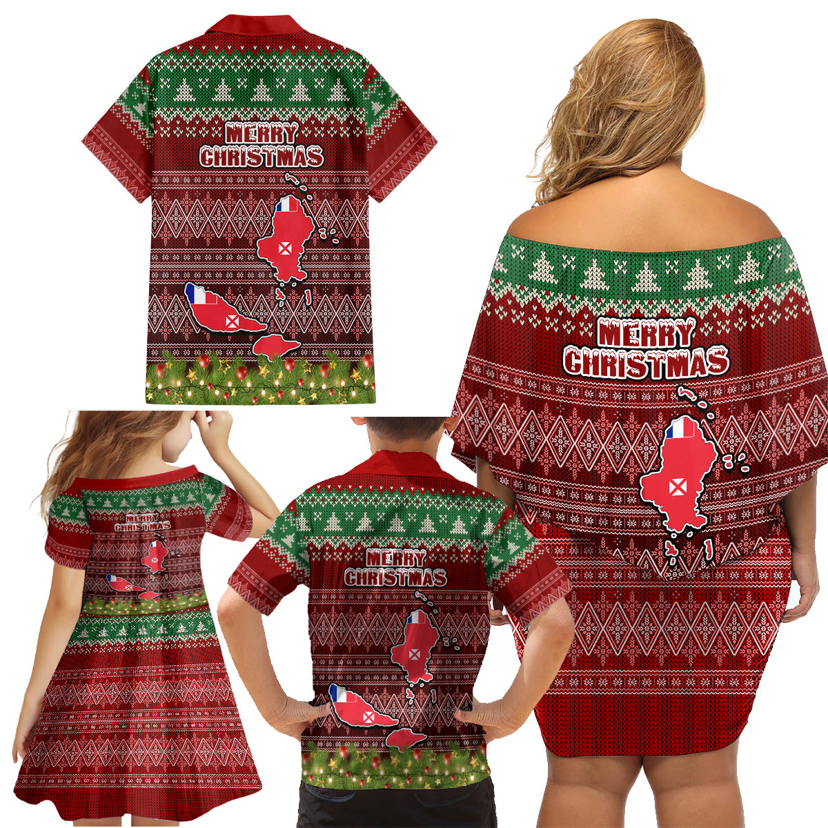 wallis-and-futuna-christmas-family-matching-off-shoulder-short-dress-and-hawaiian-shirt-coat-of-arms-and-map-beautiful-merry-xmas-snowflake