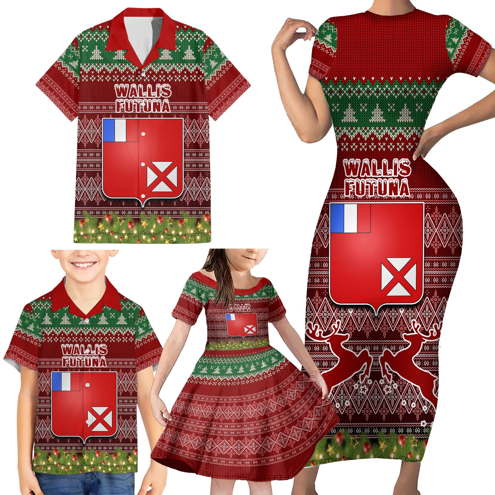 wallis-and-futuna-christmas-family-matching-short-sleeve-bodycon-dress-and-hawaiian-shirt-coat-of-arms-and-map-beautiful-merry-xmas-snowflake