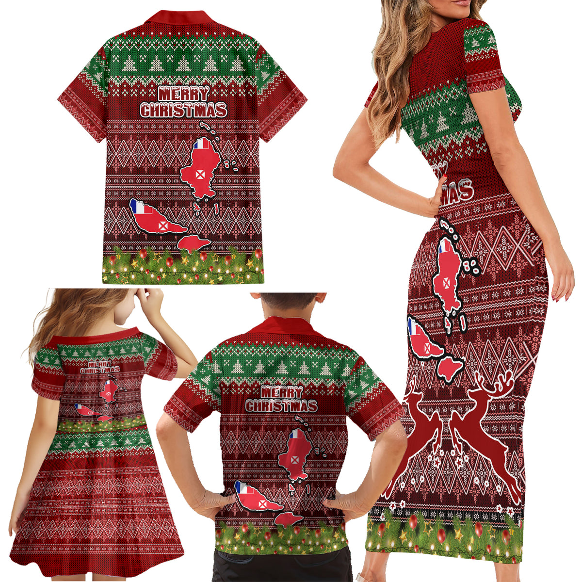 wallis-and-futuna-christmas-family-matching-short-sleeve-bodycon-dress-and-hawaiian-shirt-coat-of-arms-and-map-beautiful-merry-xmas-snowflake