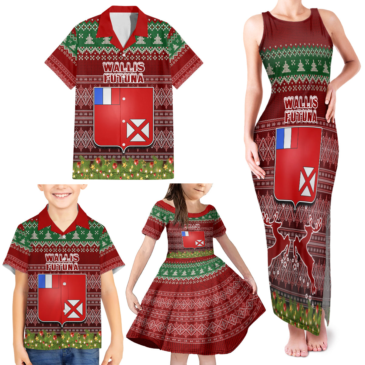 wallis-and-futuna-christmas-family-matching-tank-maxi-dress-and-hawaiian-shirt-coat-of-arms-and-map-beautiful-merry-xmas-snowflake