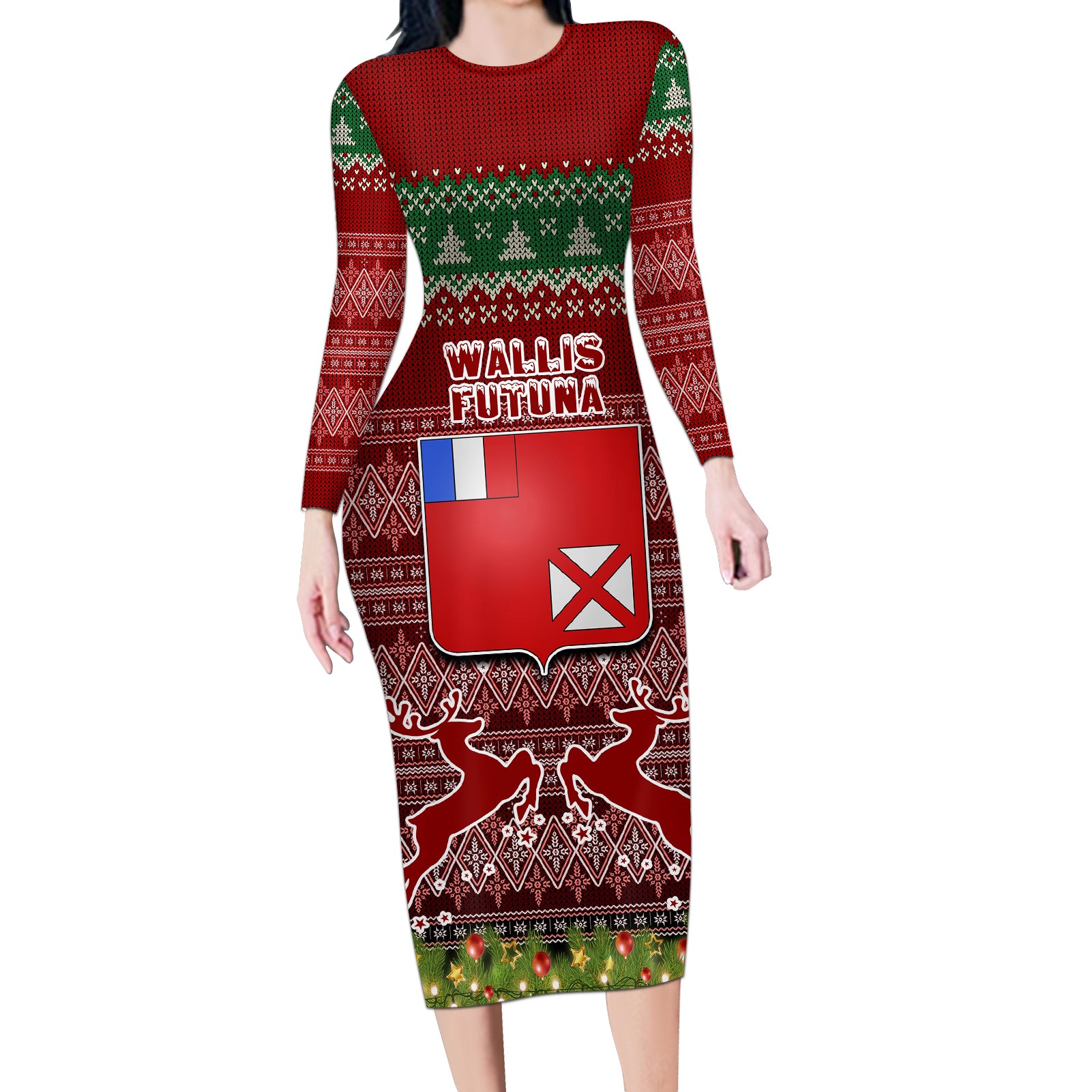 wallis-and-futuna-christmas-long-sleeve-bodycon-dress-coat-of-arms-and-map-beautiful-merry-xmas-snowflake