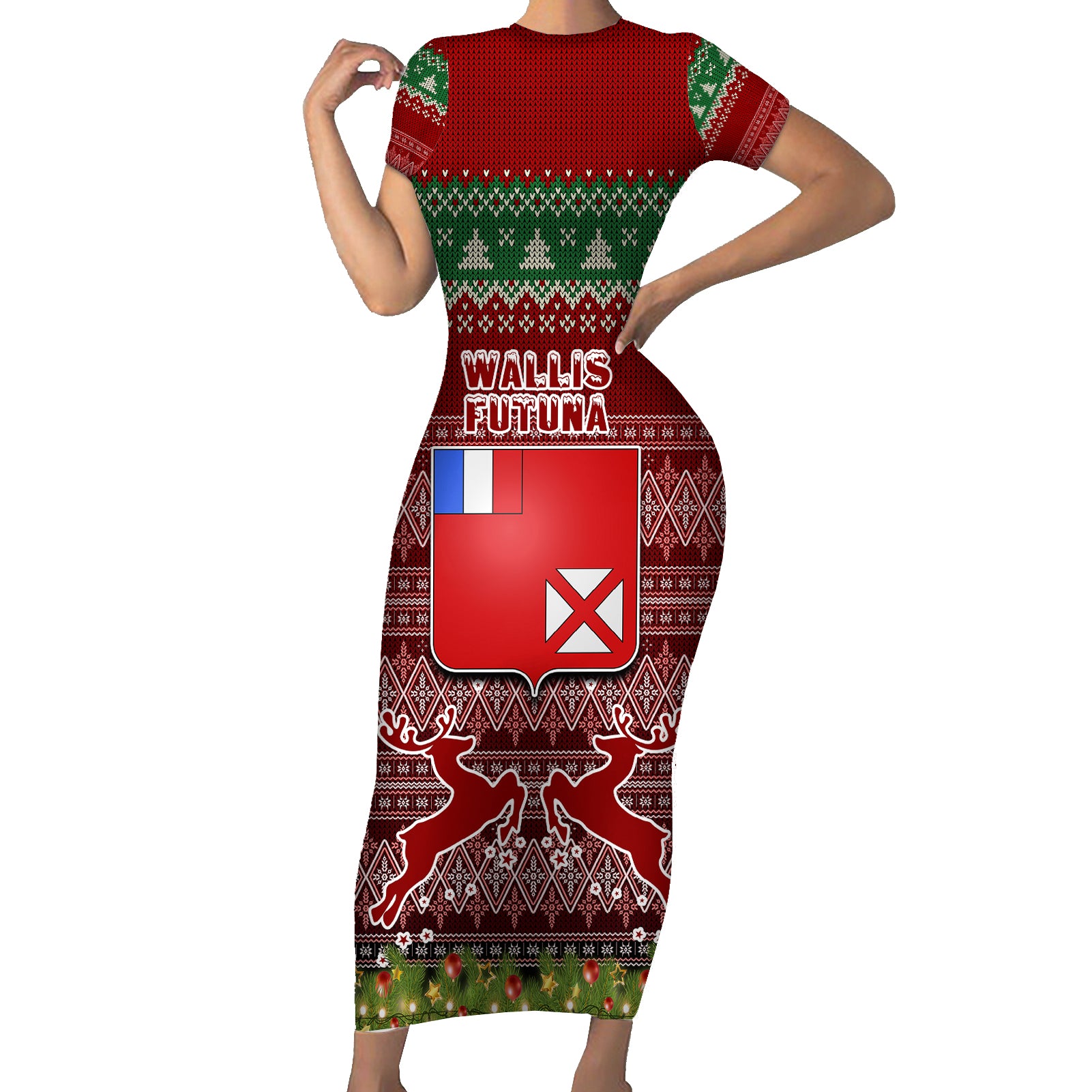 wallis-and-futuna-christmas-short-sleeve-bodycon-dress-coat-of-arms-and-map-beautiful-merry-xmas-snowflake