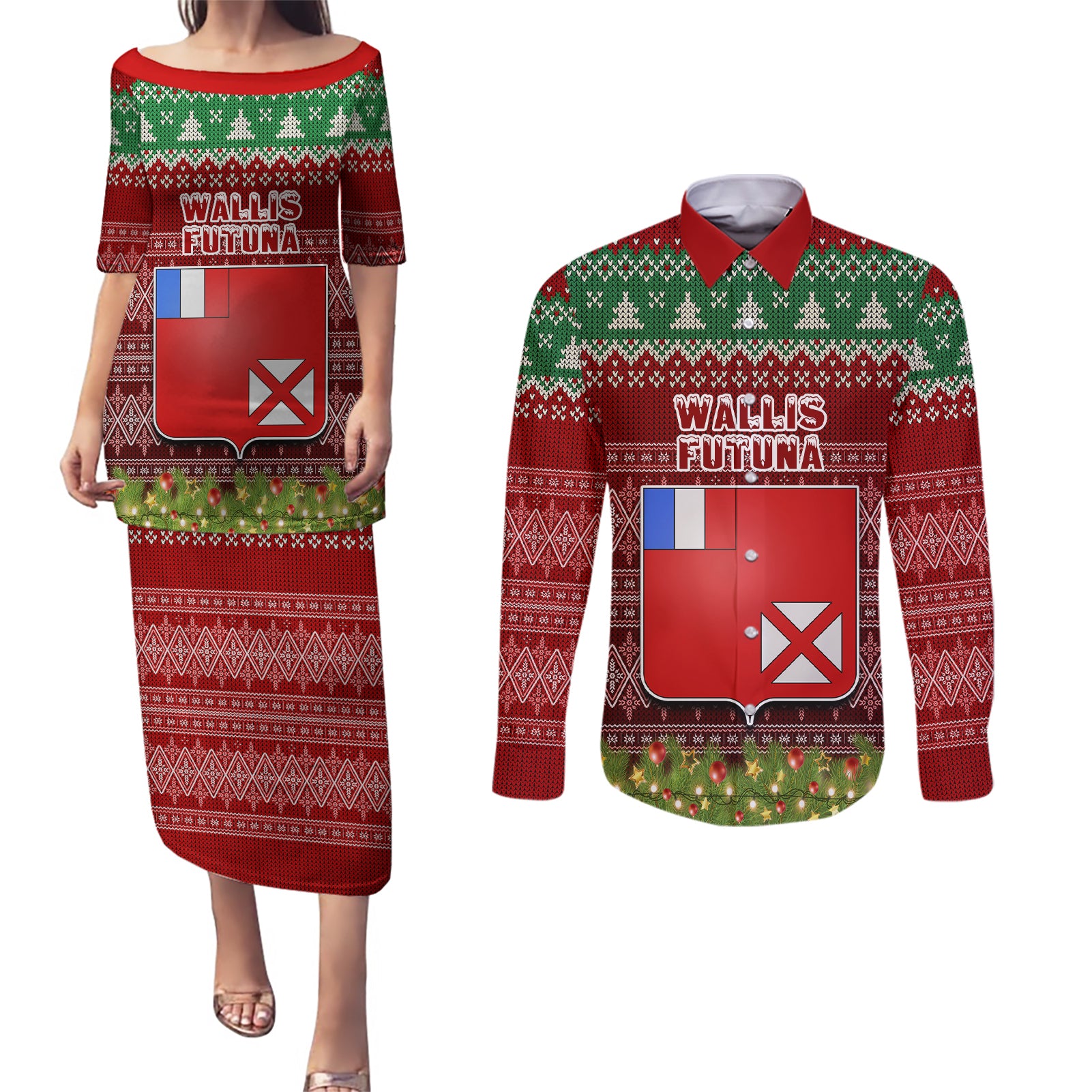 personalised-wallis-and-futuna-christmas-couples-matching-puletasi-dress-and-long-sleeve-button-shirts-coat-of-arms-and-map-beautiful-merry-xmas-snowflake