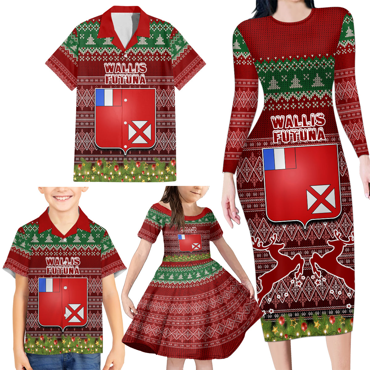 personalised-wallis-and-futuna-christmas-family-matching-long-sleeve-bodycon-dress-and-hawaiian-shirt-coat-of-arms-and-map-beautiful-merry-xmas-snowflake