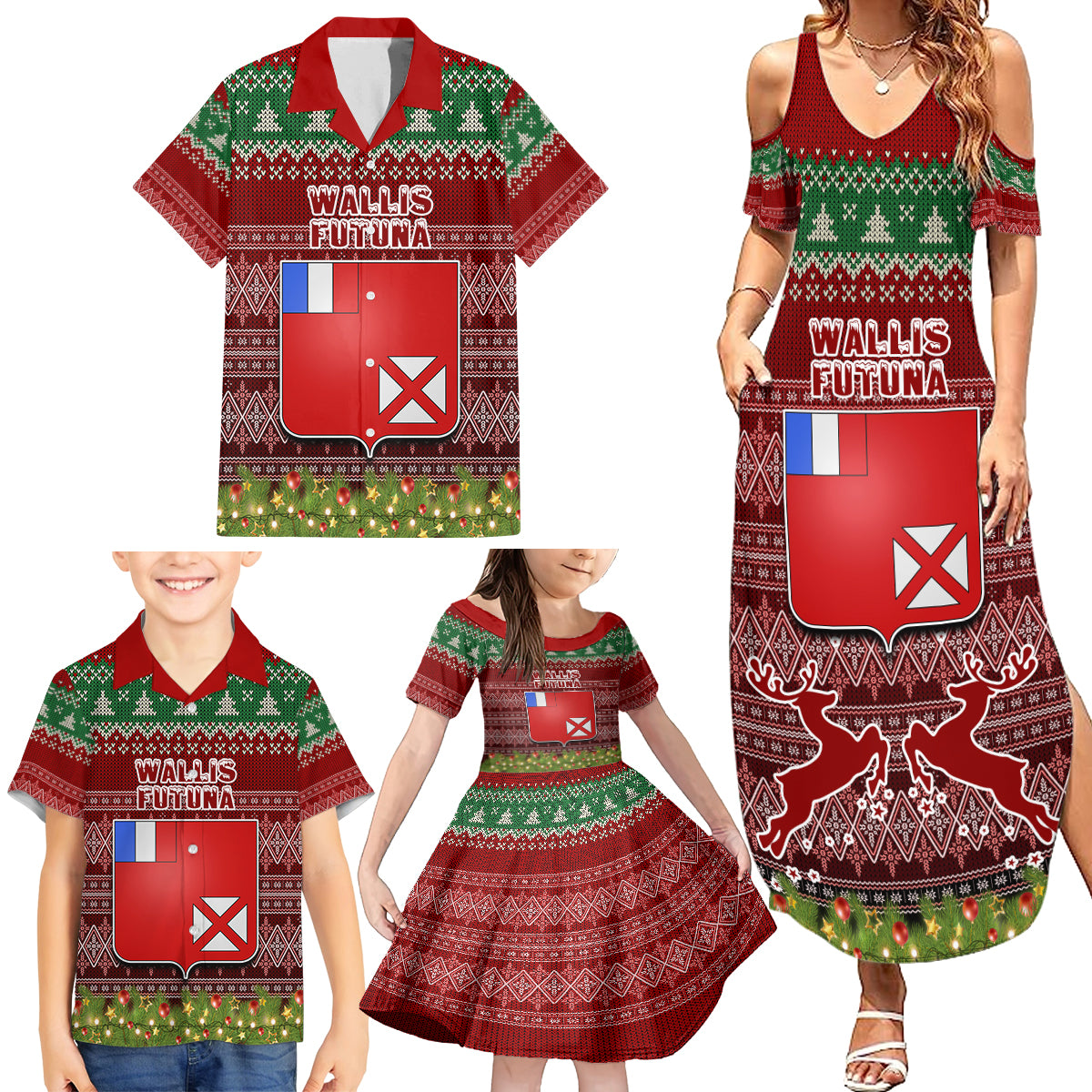 personalised-wallis-and-futuna-christmas-family-matching-summer-maxi-dress-and-hawaiian-shirt-coat-of-arms-and-map-beautiful-merry-xmas-snowflake