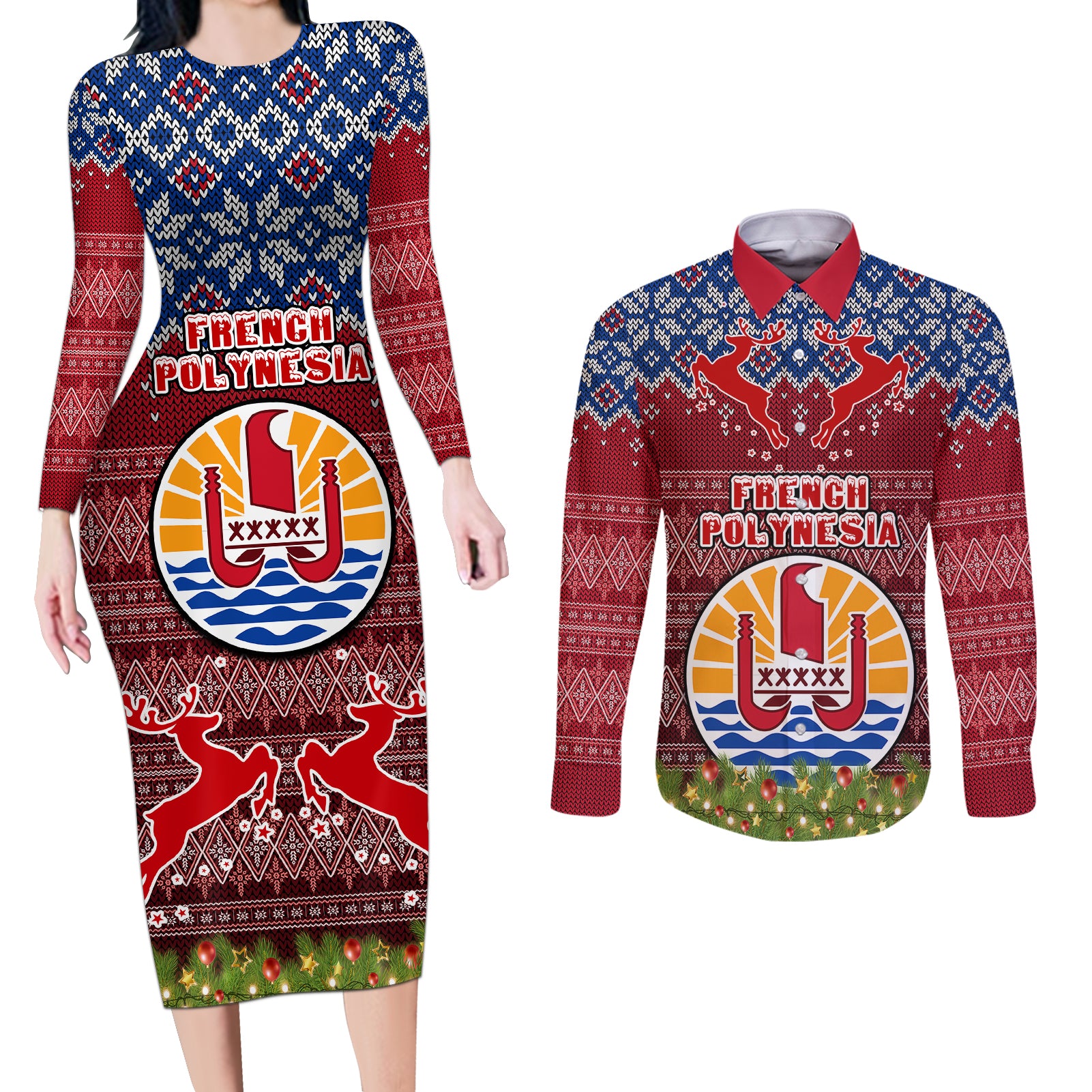 french-polynesia-christmas-couples-matching-long-sleeve-bodycon-dress-and-long-sleeve-button-shirts-coat-of-arms-and-map-beautiful-merry-xmas-snowflake