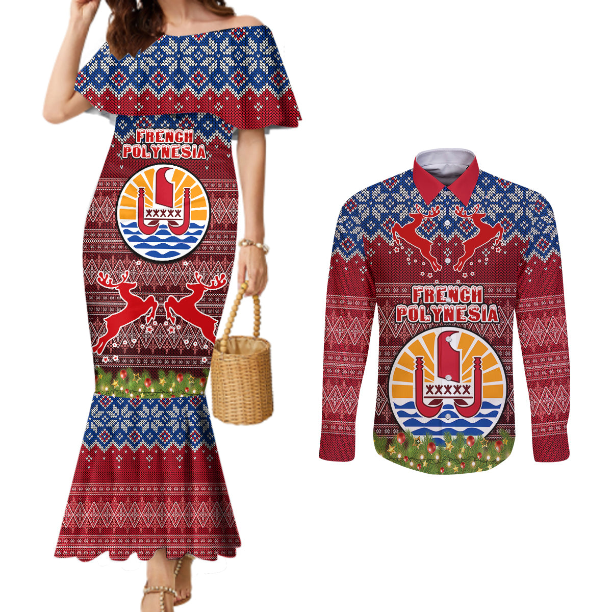 french-polynesia-christmas-couples-matching-mermaid-dress-and-long-sleeve-button-shirts-coat-of-arms-and-map-beautiful-merry-xmas-snowflake