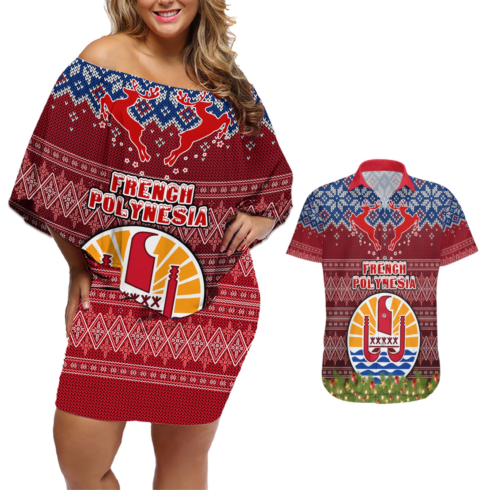 french-polynesia-christmas-couples-matching-off-shoulder-short-dress-and-hawaiian-shirt-coat-of-arms-and-map-beautiful-merry-xmas-snowflake