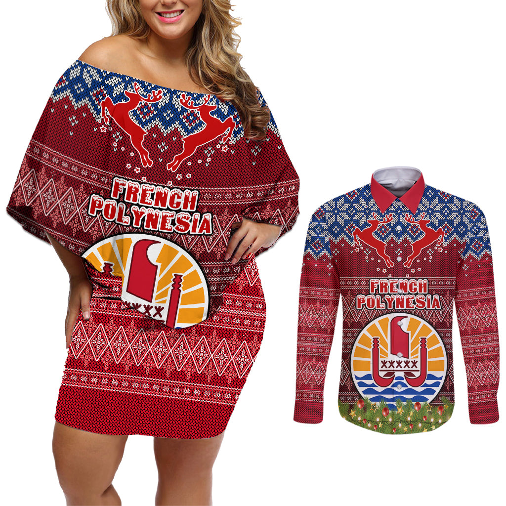 french-polynesia-christmas-couples-matching-off-shoulder-short-dress-and-long-sleeve-button-shirts-coat-of-arms-and-map-beautiful-merry-xmas-snowflake