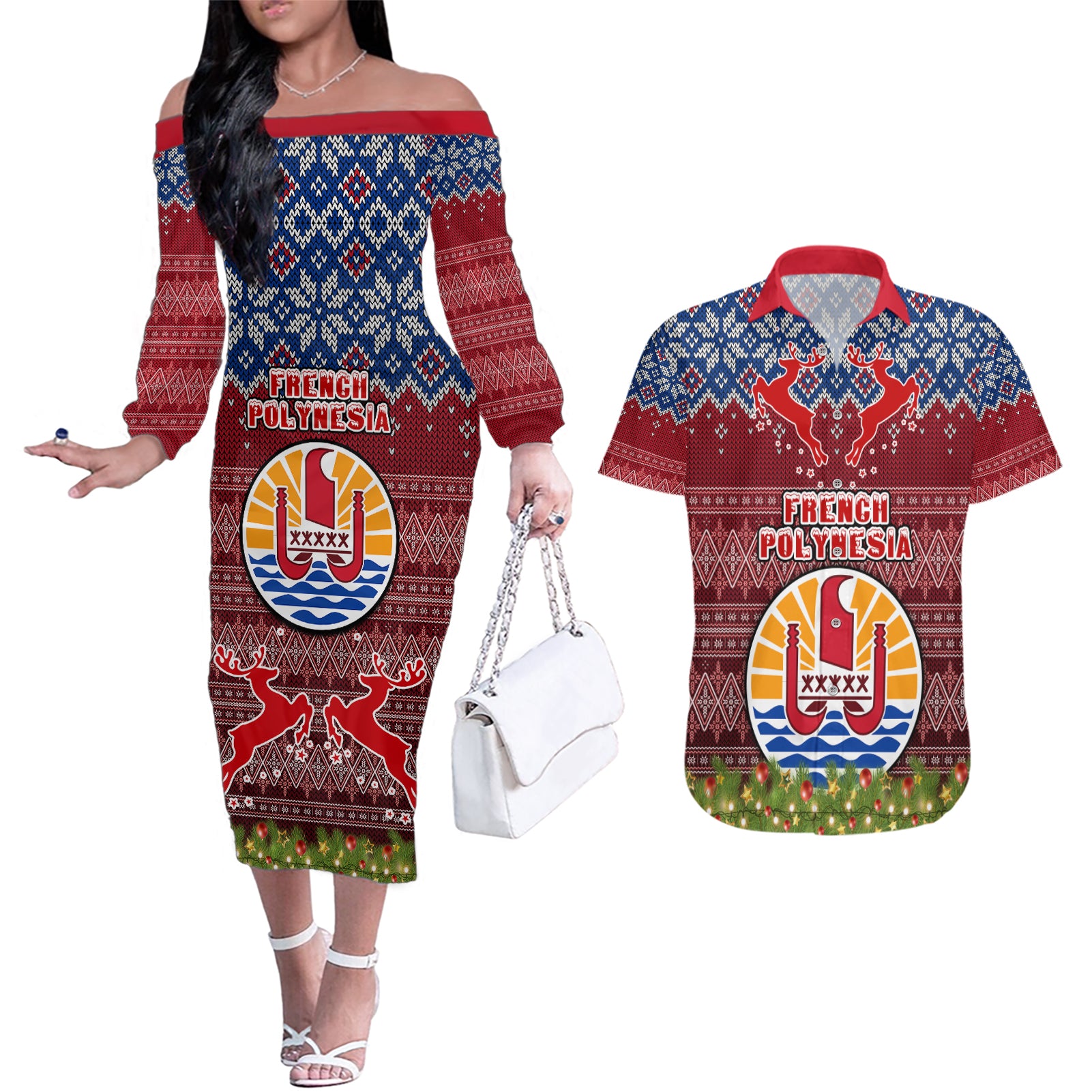 french-polynesia-christmas-couples-matching-off-the-shoulder-long-sleeve-dress-and-hawaiian-shirt-coat-of-arms-and-map-beautiful-merry-xmas-snowflake