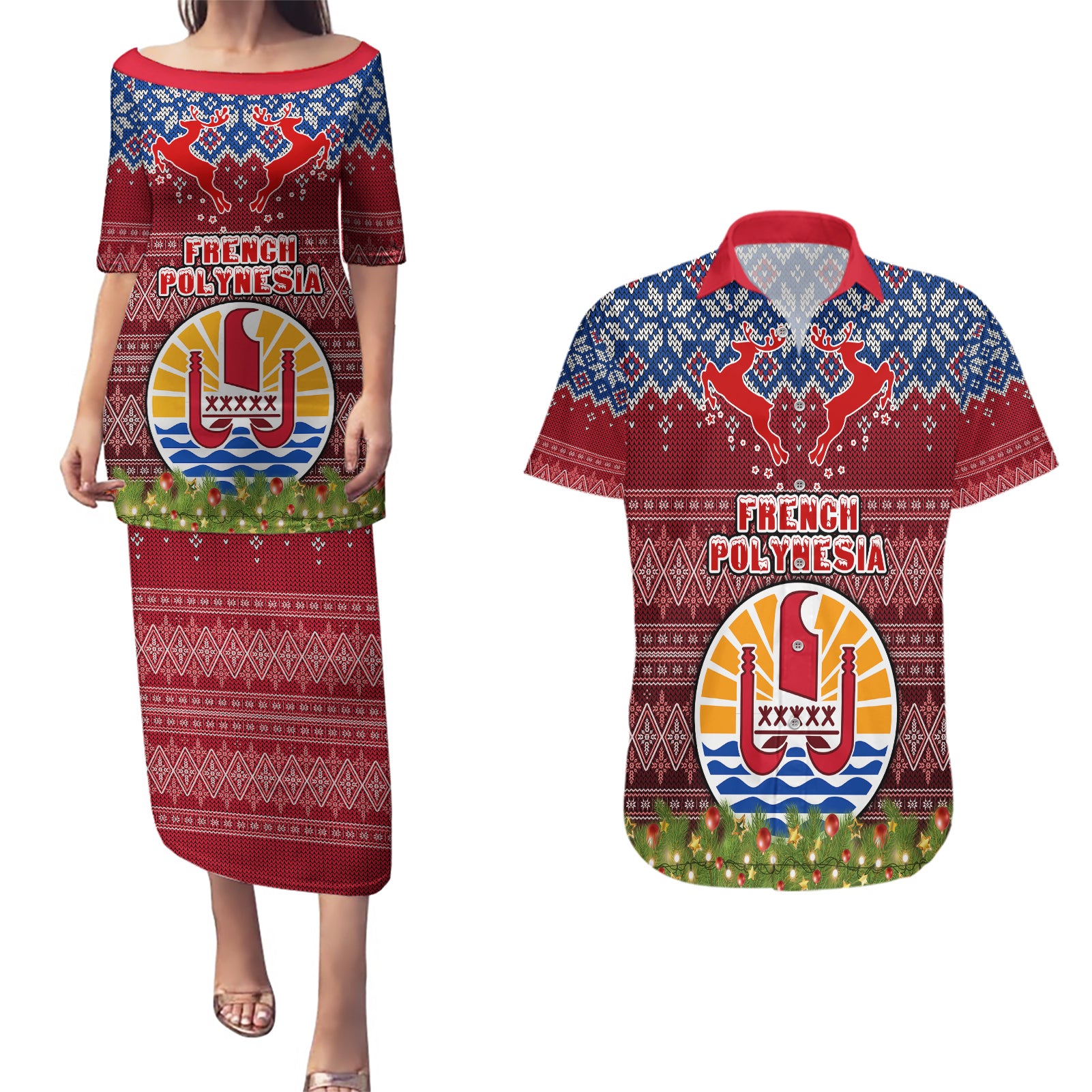 french-polynesia-christmas-couples-matching-puletasi-dress-and-hawaiian-shirt-coat-of-arms-and-map-beautiful-merry-xmas-snowflake