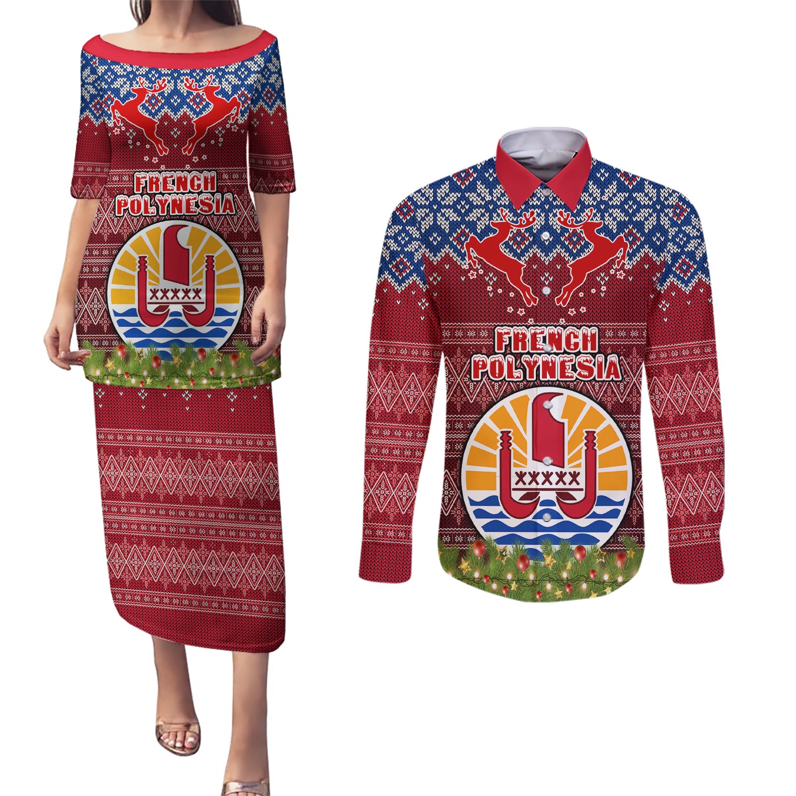 french-polynesia-christmas-couples-matching-puletasi-dress-and-long-sleeve-button-shirts-coat-of-arms-and-map-beautiful-merry-xmas-snowflake