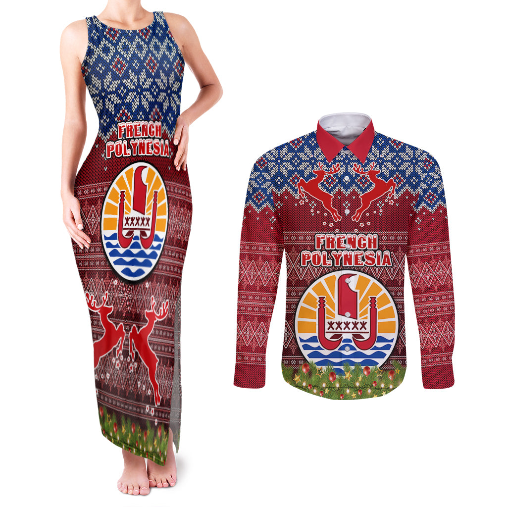 french-polynesia-christmas-couples-matching-tank-maxi-dress-and-long-sleeve-button-shirts-coat-of-arms-and-map-beautiful-merry-xmas-snowflake