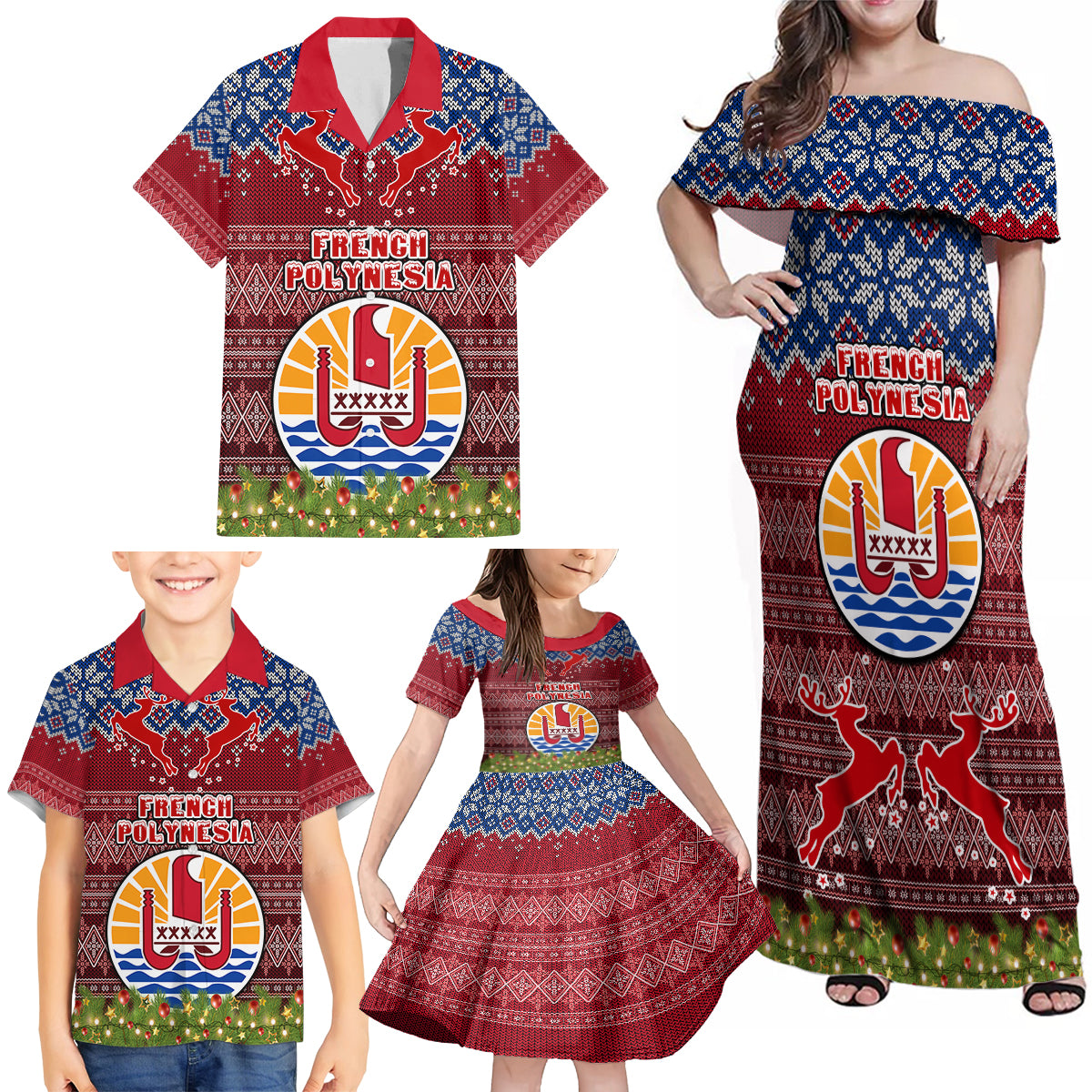 french-polynesia-christmas-family-matching-off-shoulder-maxi-dress-and-hawaiian-shirt-coat-of-arms-and-map-beautiful-merry-xmas-snowflake