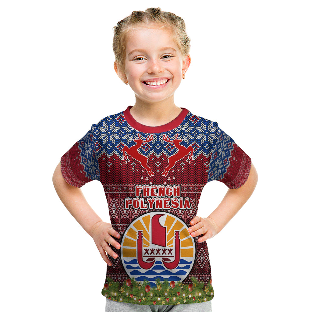 French Polynesia Christmas Kid T Shirt Coat of Arms and Map Beautiful Merry Xmas Snowflake LT03 Red - Polynesian Pride