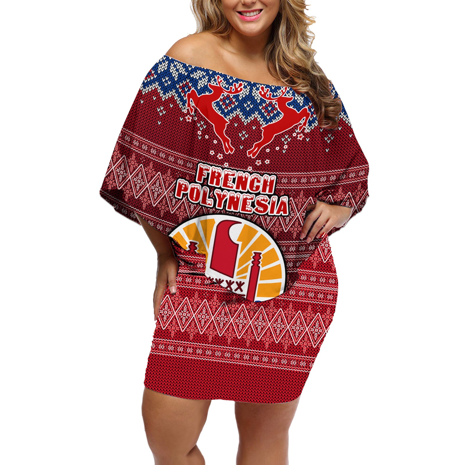 french-polynesia-christmas-off-shoulder-short-dress-coat-of-arms-and-map-beautiful-merry-xmas-snowflake