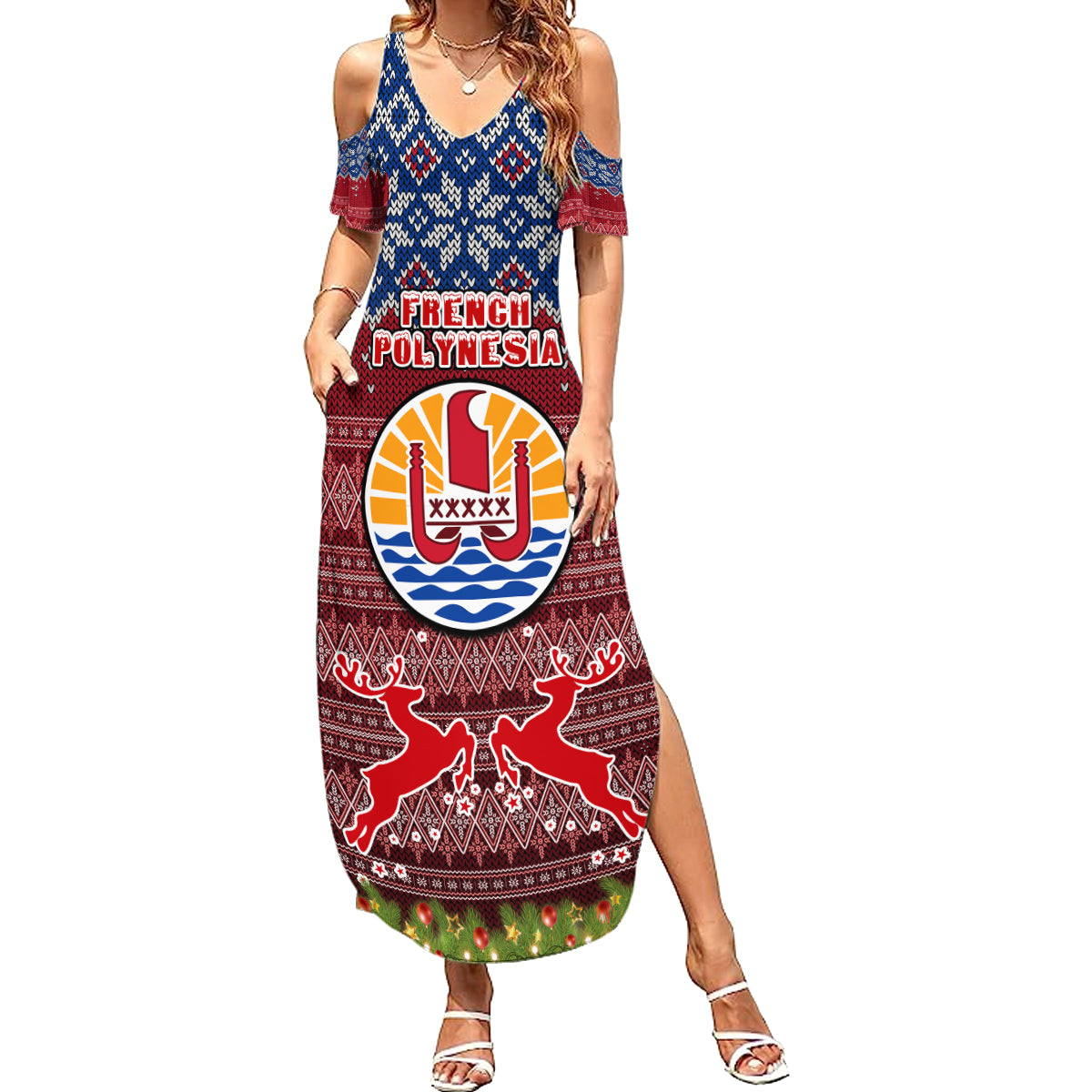 french-polynesia-christmas-summer-maxi-dress-coat-of-arms-and-map-beautiful-merry-xmas-snowflake