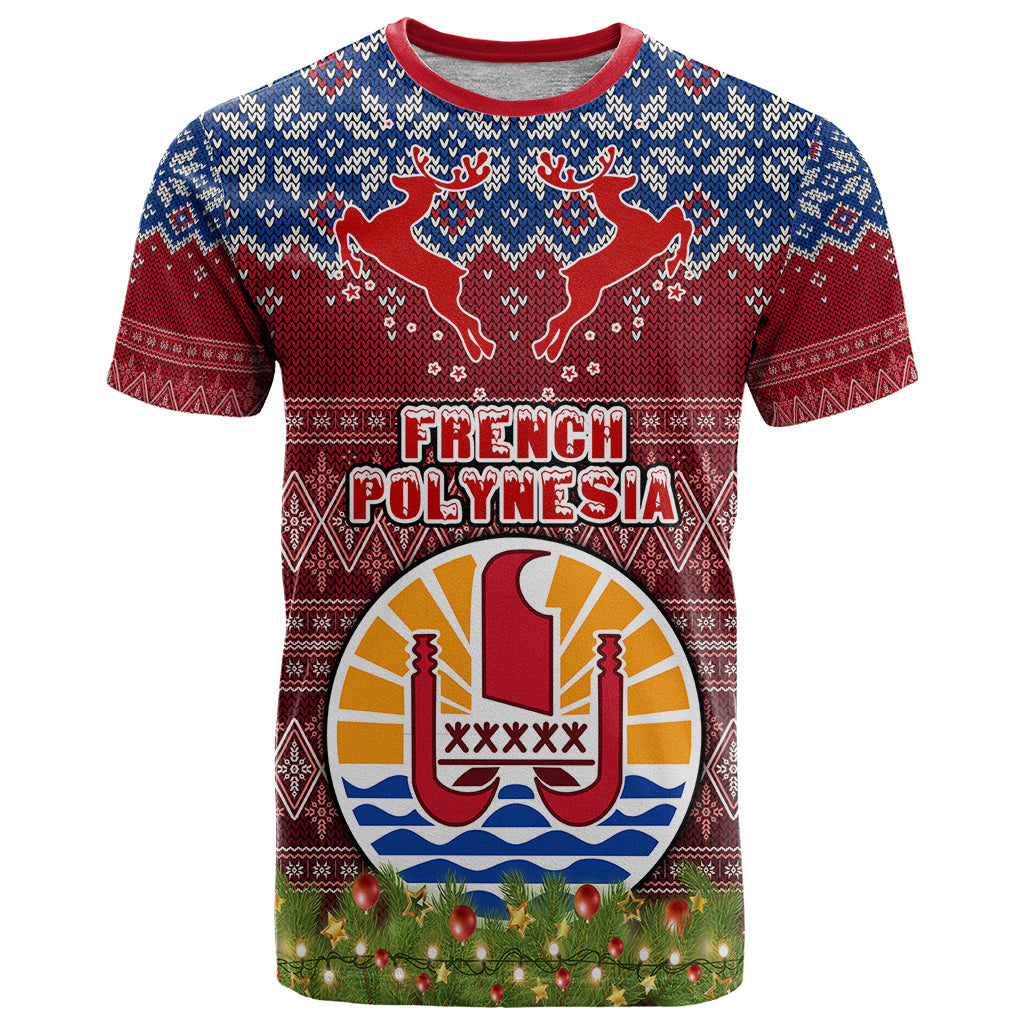 French Polynesia Christmas T Shirt Coat of Arms and Map Beautiful Merry Xmas Snowflake LT03 Red - Polynesian Pride