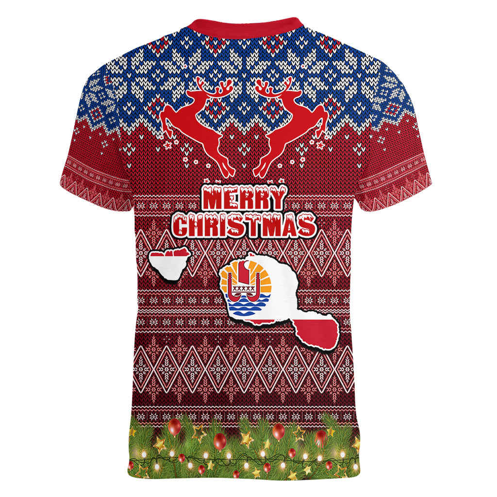 french-polynesia-christmas-women-v-neck-t-shirt-coat-of-arms-and-map-beautiful-merry-xmas-snowflake