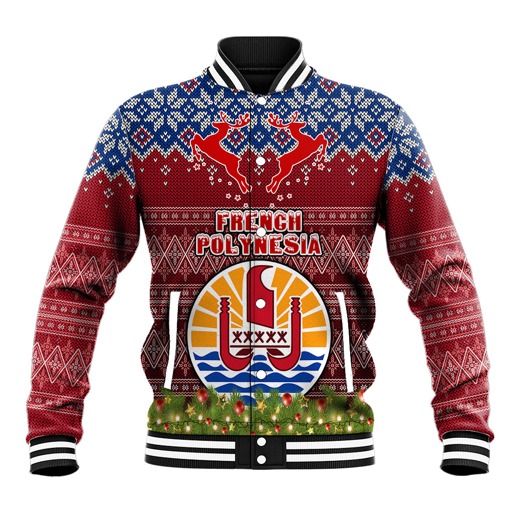 Personalised French Polynesia Christmas Baseball Jacket Coat of Arms and Map Beautiful Merry Xmas Snowflake LT03 Unisex Red - Polynesian Pride
