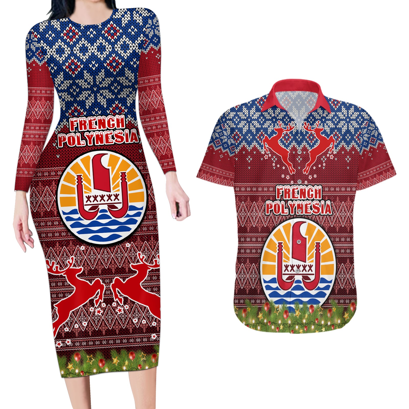 personalised-french-polynesia-christmas-couples-matching-long-sleeve-bodycon-dress-and-hawaiian-shirt-coat-of-arms-and-map-beautiful-merry-xmas-snowflake