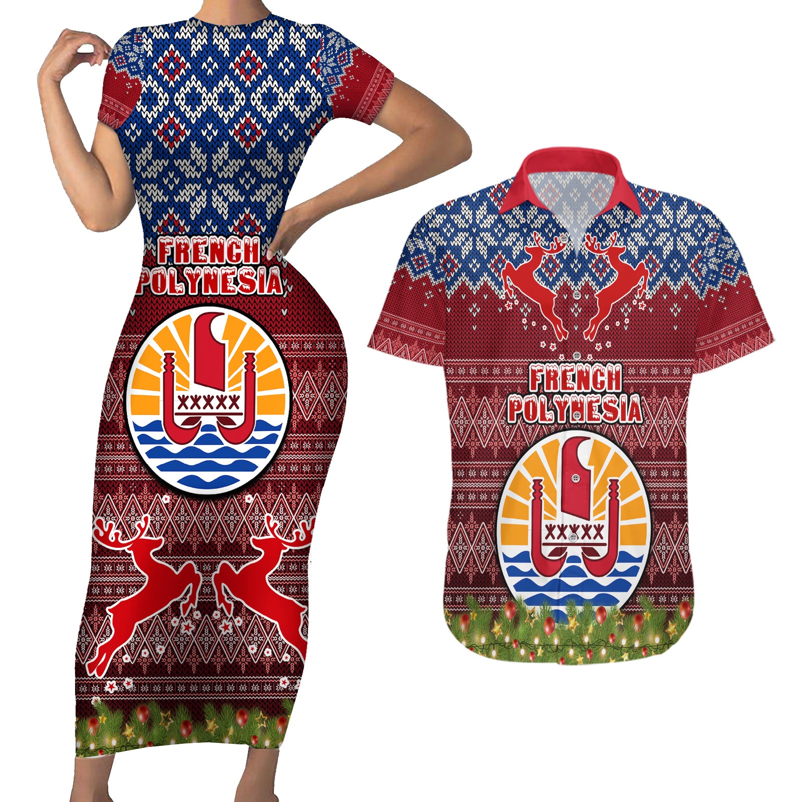 personalised-french-polynesia-christmas-couples-matching-short-sleeve-bodycon-dress-and-hawaiian-shirt-coat-of-arms-and-map-beautiful-merry-xmas-snowflake