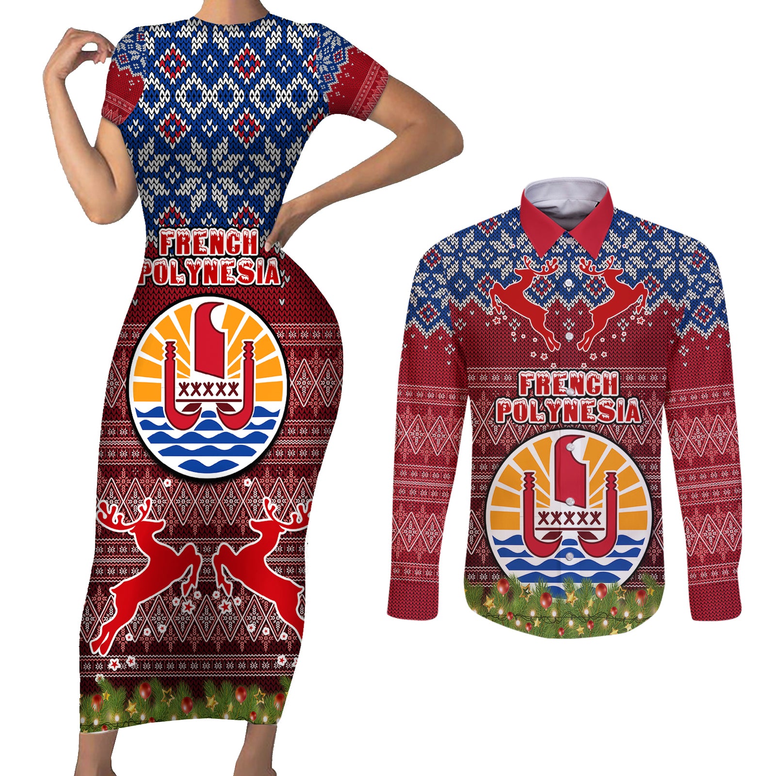 Personalised French Polynesia Christmas Couples Matching Short Sleeve Bodycon Dress and Long Sleeve Button Shirts Coat of Arms and Map Beautiful Merry Xmas Snowflake LT03 Red - Polynesian Pride