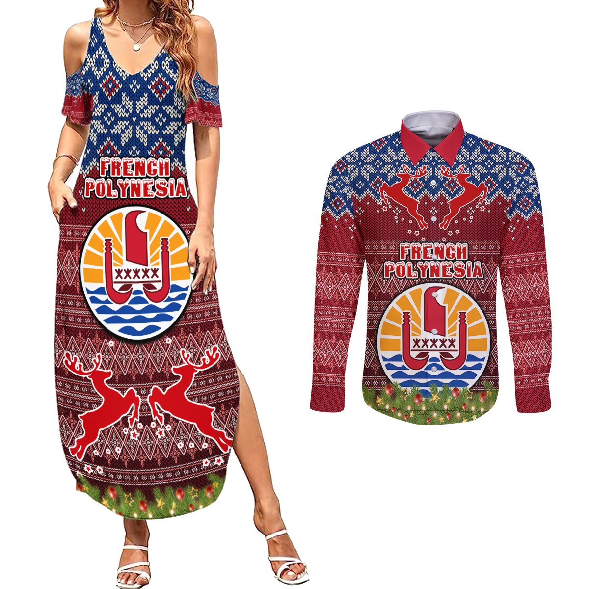 Personalised French Polynesia Christmas Couples Matching Summer Maxi Dress and Long Sleeve Button Shirts Coat of Arms and Map Beautiful Merry Xmas Snowflake LT03 Red - Polynesian Pride