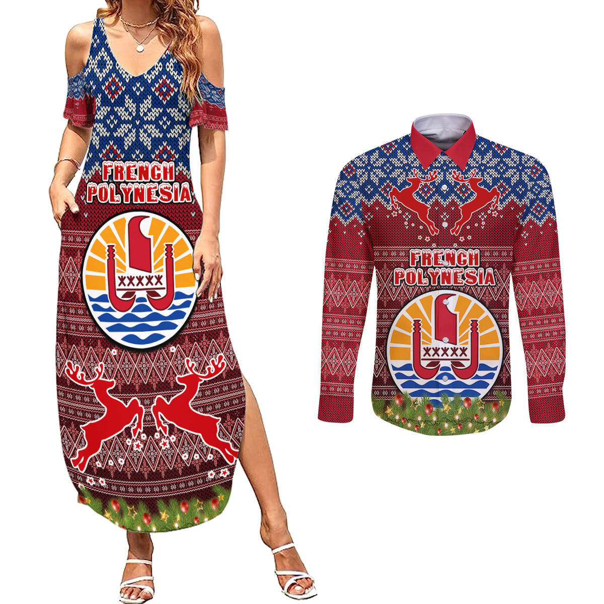 personalised-french-polynesia-christmas-couples-matching-summer-maxi-dress-and-long-sleeve-button-shirts-coat-of-arms-and-map-beautiful-merry-xmas-snowflake