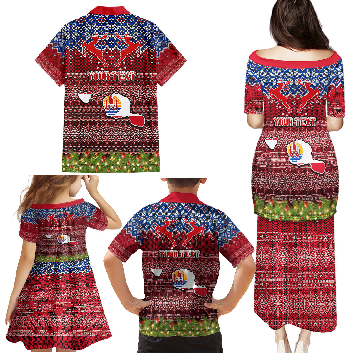 Personalised French Polynesia Christmas Family Matching Puletasi Dress and Hawaiian Shirt Coat of Arms and Map Beautiful Merry Xmas Snowflake LT03 - Polynesian Pride