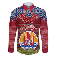 Personalised French Polynesia Christmas Family Matching Puletasi Dress and Hawaiian Shirt Coat of Arms and Map Beautiful Merry Xmas Snowflake LT03 Dad's Shirt - Long Sleeve Red - Polynesian Pride