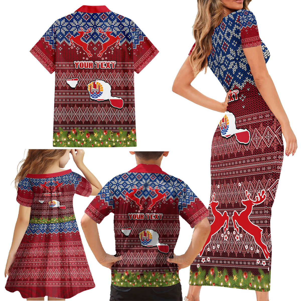 personalised-french-polynesia-christmas-family-matching-short-sleeve-bodycon-dress-and-hawaiian-shirt-coat-of-arms-and-map-beautiful-merry-xmas-snowflake