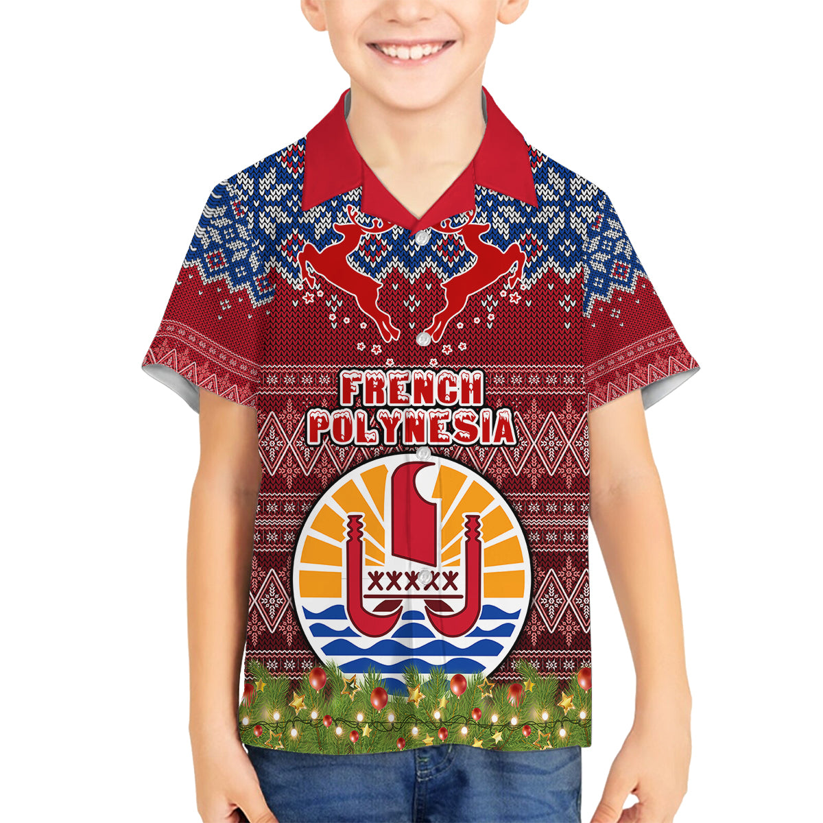 Personalised French Polynesia Christmas Kid Hawaiian Shirt Coat of Arms and Map Beautiful Merry Xmas Snowflake LT03 - Polynesian Pride