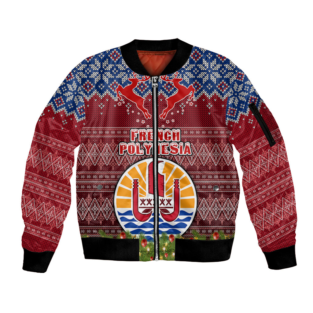 Personalised French Polynesia Christmas Sleeve Zip Bomber Jacket Coat of Arms and Map Beautiful Merry Xmas Snowflake LT03 Unisex Red - Polynesian Pride