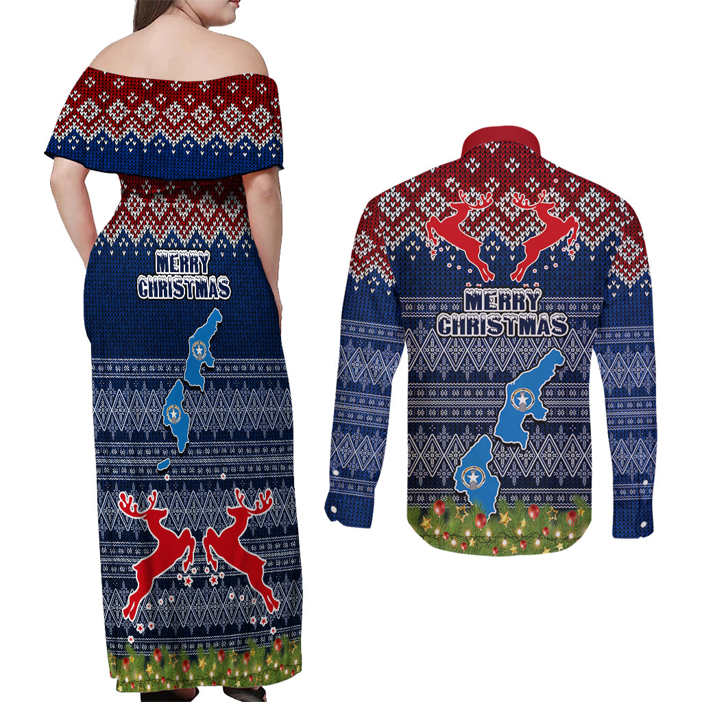 northern-mariana-islands-christmas-couples-matching-off-shoulder-maxi-dress-and-long-sleeve-button-shirts-coat-of-arms-and-map-beautiful-merry-xmas-snowflake