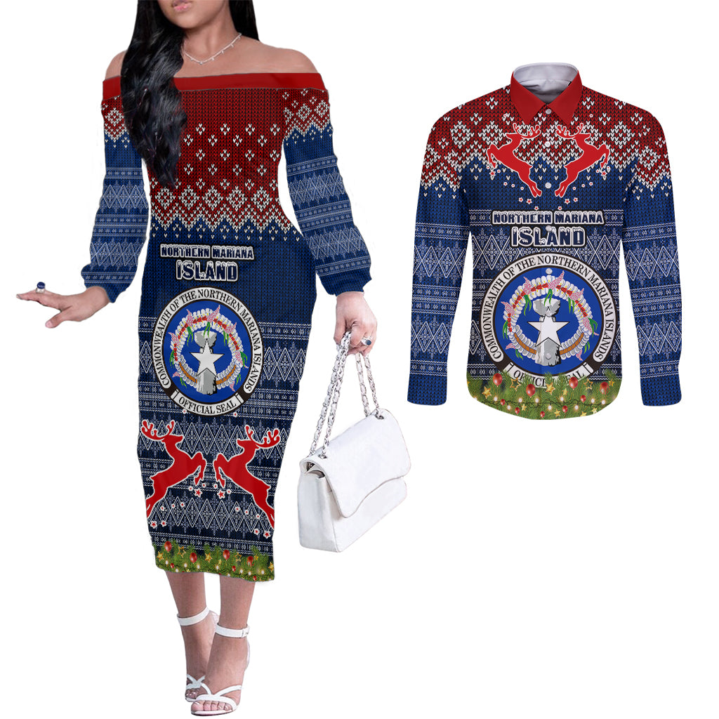 northern-mariana-islands-christmas-couples-matching-off-the-shoulder-long-sleeve-dress-and-long-sleeve-button-shirts-coat-of-arms-and-map-beautiful-merry-xmas-snowflake