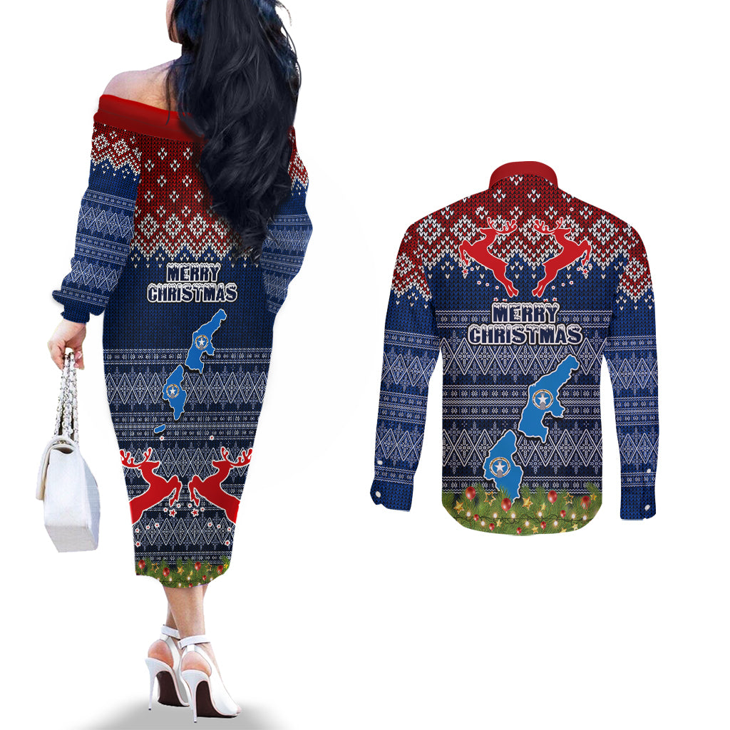 northern-mariana-islands-christmas-couples-matching-off-the-shoulder-long-sleeve-dress-and-long-sleeve-button-shirts-coat-of-arms-and-map-beautiful-merry-xmas-snowflake