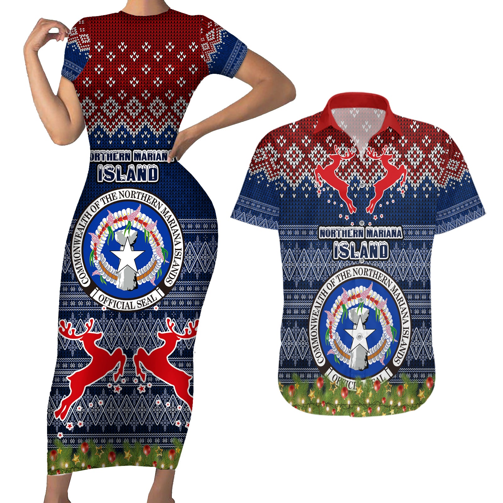 northern-mariana-islands-christmas-couples-matching-short-sleeve-bodycon-dress-and-hawaiian-shirt-coat-of-arms-and-map-beautiful-merry-xmas-snowflake