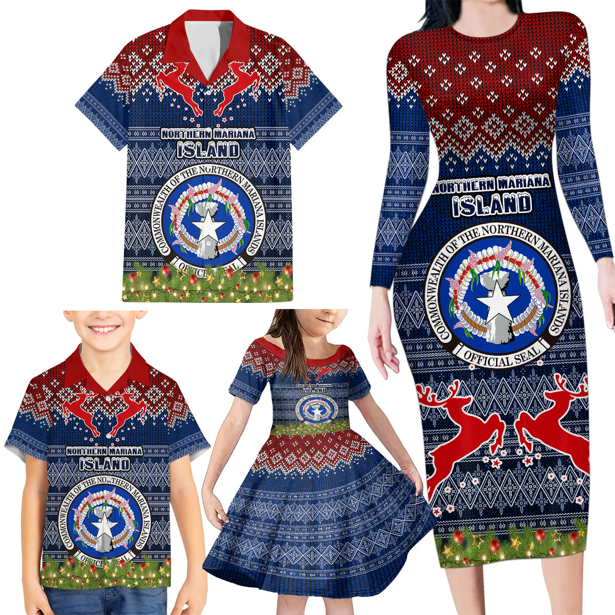 northern-mariana-islands-christmas-family-matching-long-sleeve-bodycon-dress-and-hawaiian-shirt-coat-of-arms-and-map-beautiful-merry-xmas-snowflake