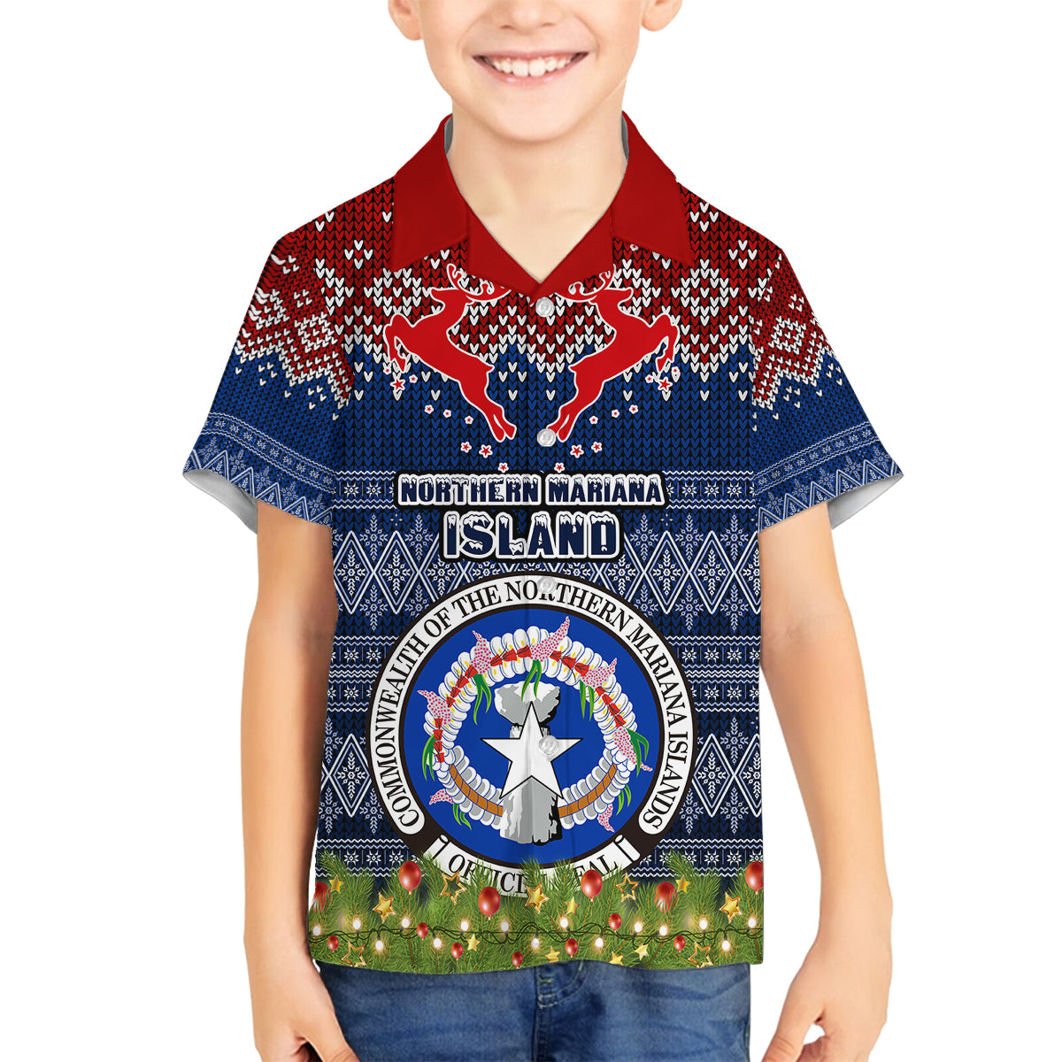 northern-mariana-islands-christmas-family-matching-off-shoulder-long-sleeve-dress-and-hawaiian-shirt-coat-of-arms-and-map-beautiful-merry-xmas-snowflake
