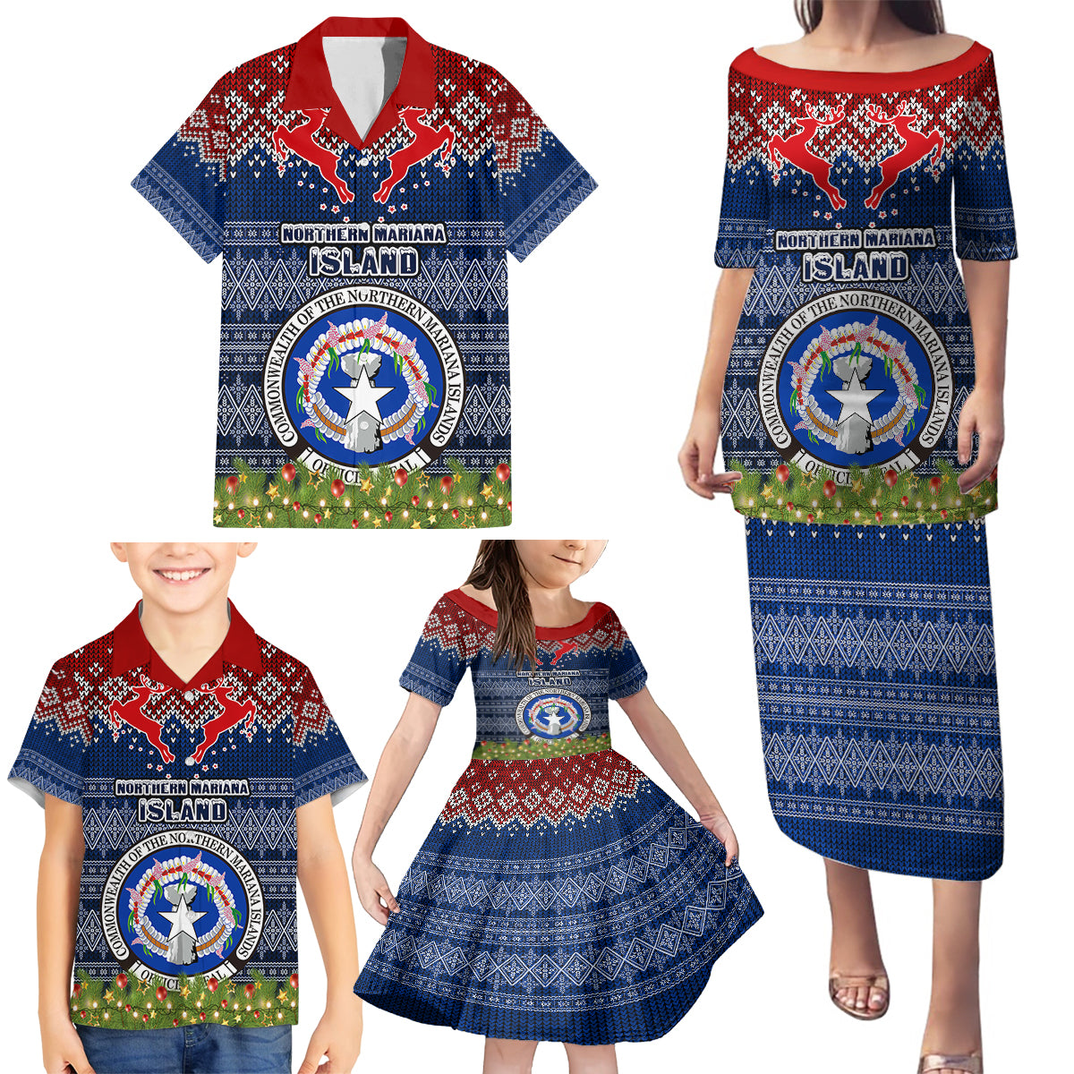 Northern Mariana Islands Christmas Family Matching Puletasi Dress and Hawaiian Shirt Coat of Arms and Map Beautiful Merry Xmas Snowflake LT03 - Polynesian Pride