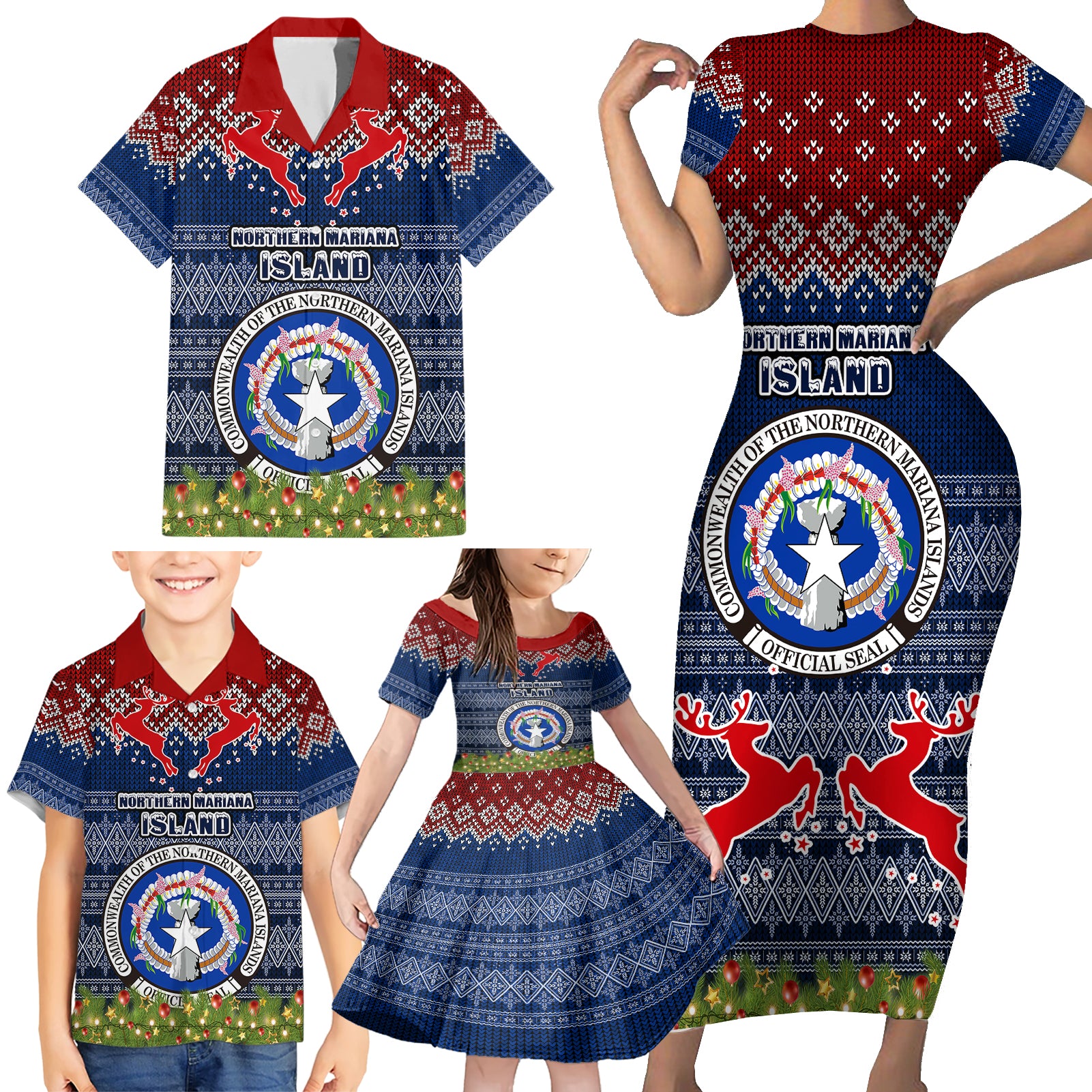 northern-mariana-islands-christmas-family-matching-short-sleeve-bodycon-dress-and-hawaiian-shirt-coat-of-arms-and-map-beautiful-merry-xmas-snowflake